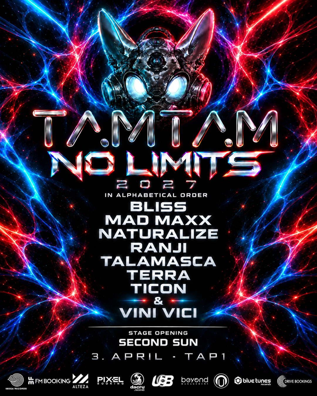 Officiel plakat for TAM TAM NO LIMITS 2027, 3. april på TAP1, med alle ni artister